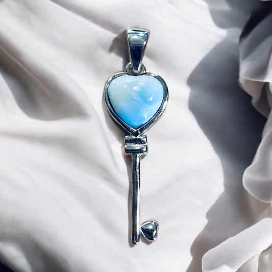 Sterling Silver Larimar Stone Heart Key Pendant