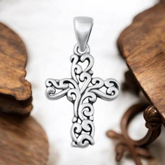 Sterling Silver Floral Cross Pendant