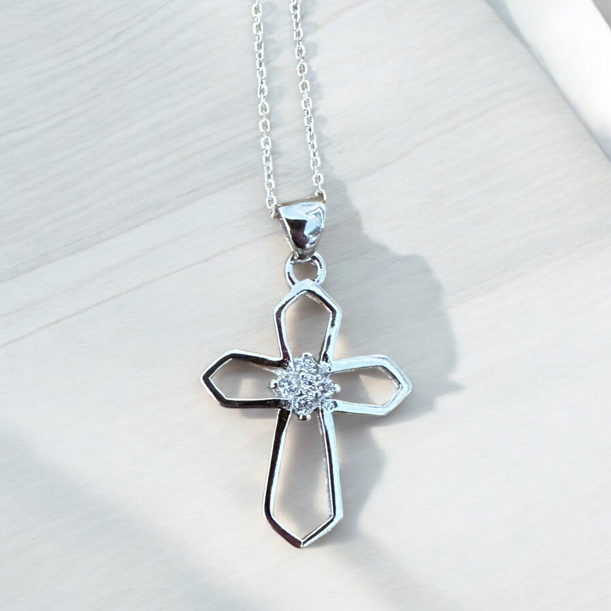 Sterling Silver CZ Cluster Cross Pendant Necklace