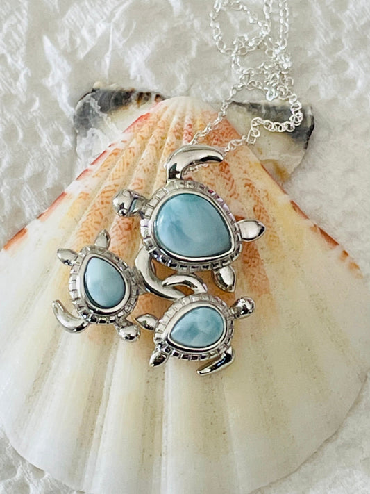 Sterling Silver Genuine Larimar Stone Sea Turtle Family Necklace