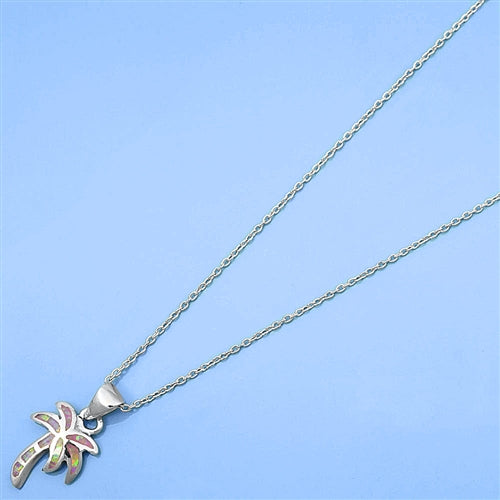 Sterling Silver Pink Lab Opal Palm Tree Necklace