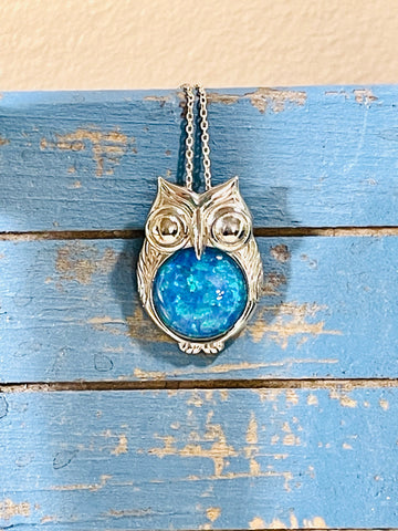 Sterling Silver FIre Opal Owl Pendant Necklace